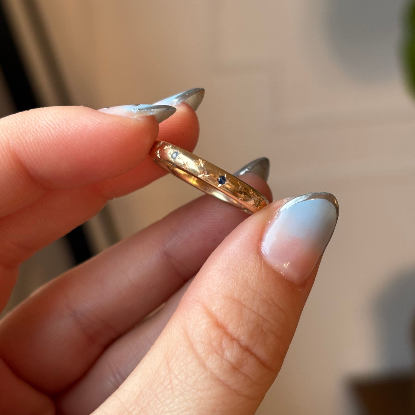 14k antique re-imagined star set band with blue topaz & sapphires