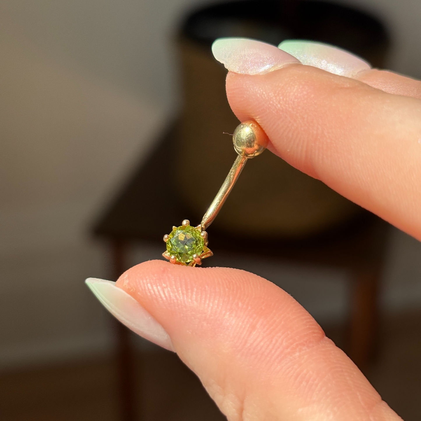 14k belly button ring with peridot
