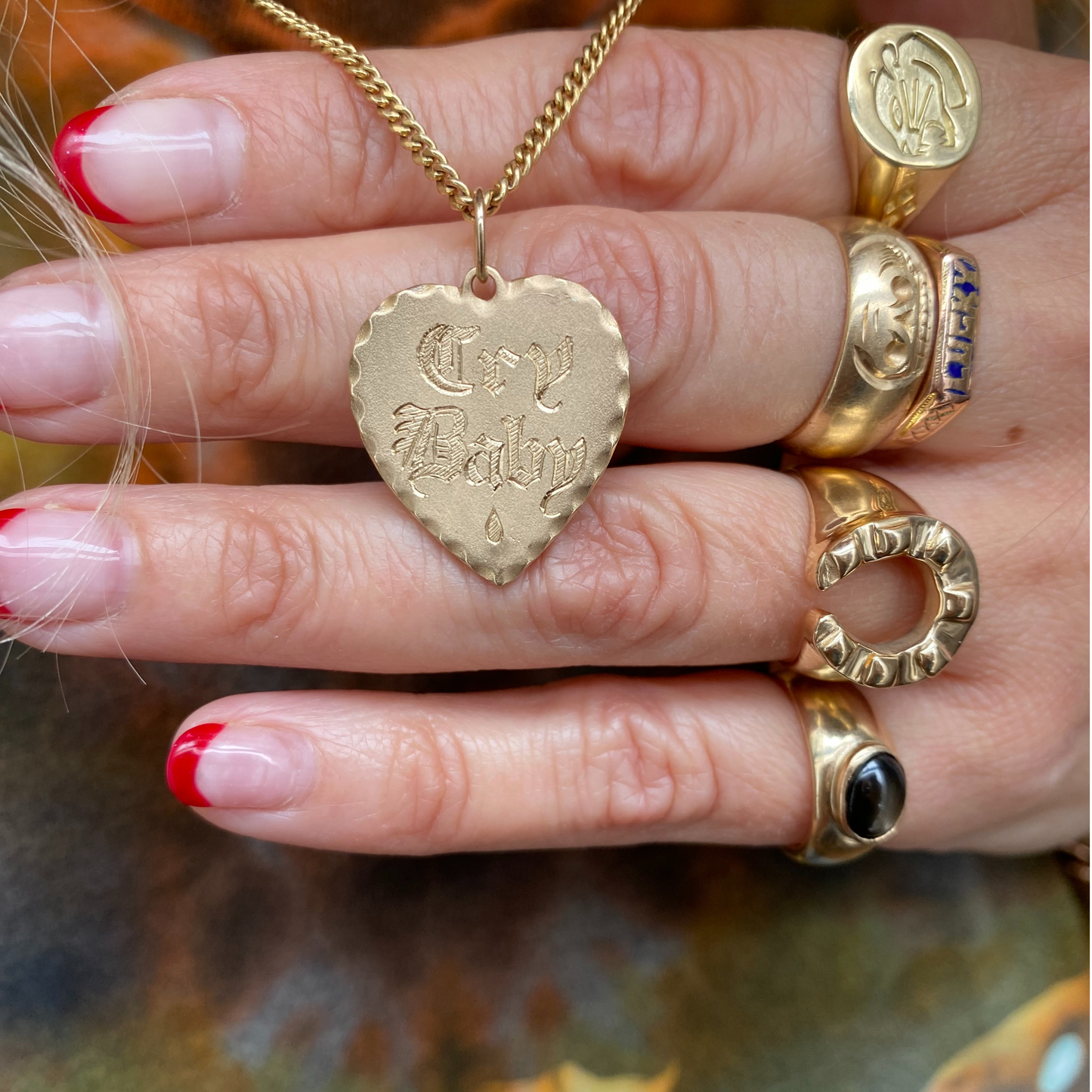 cry baby old english hand engraved heart pendant