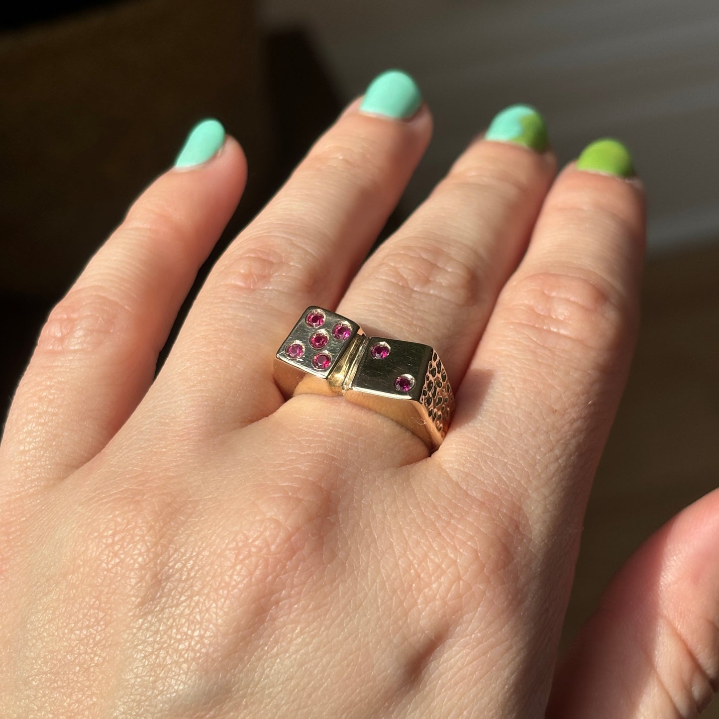 7 dice ring with rubies