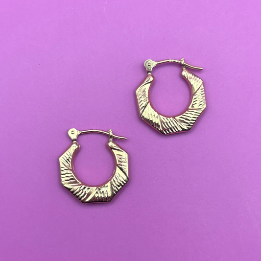 14k mini hollow round geometric edges engine turned hoops