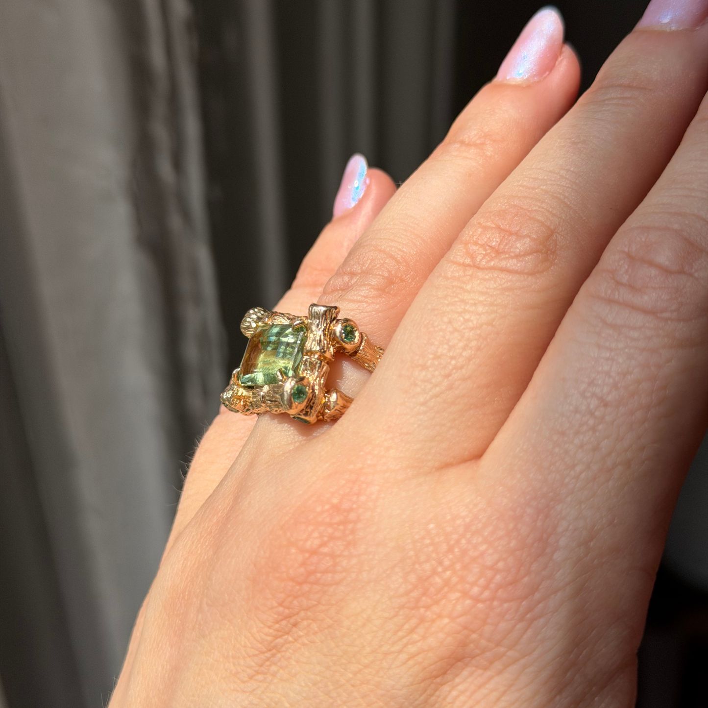 14k bamboo ring with green tourmaline and emeralds