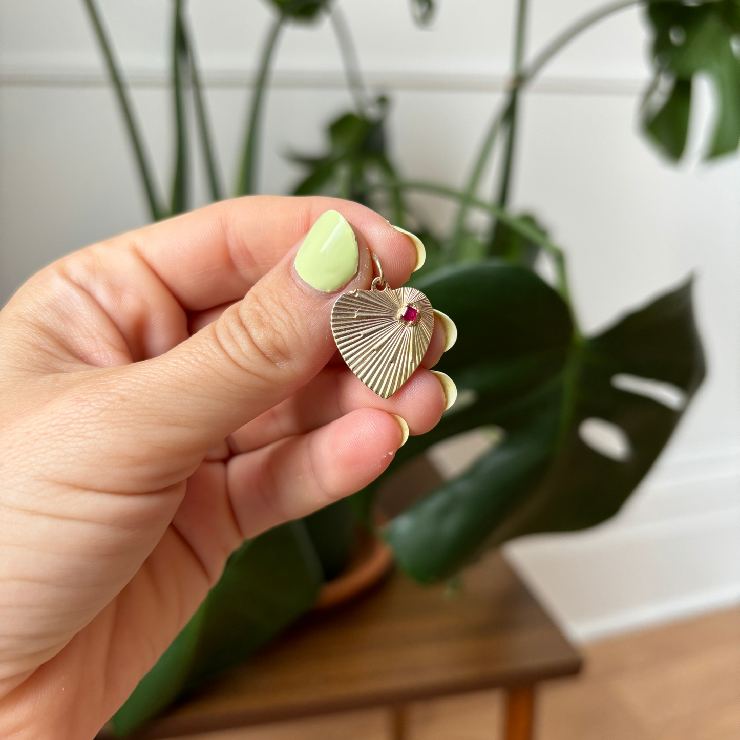 14k engine turned heart with ruby charm