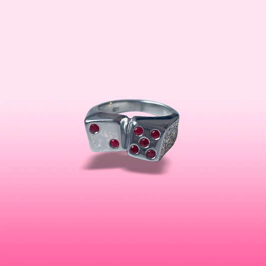silver 7 dice ring with rubies