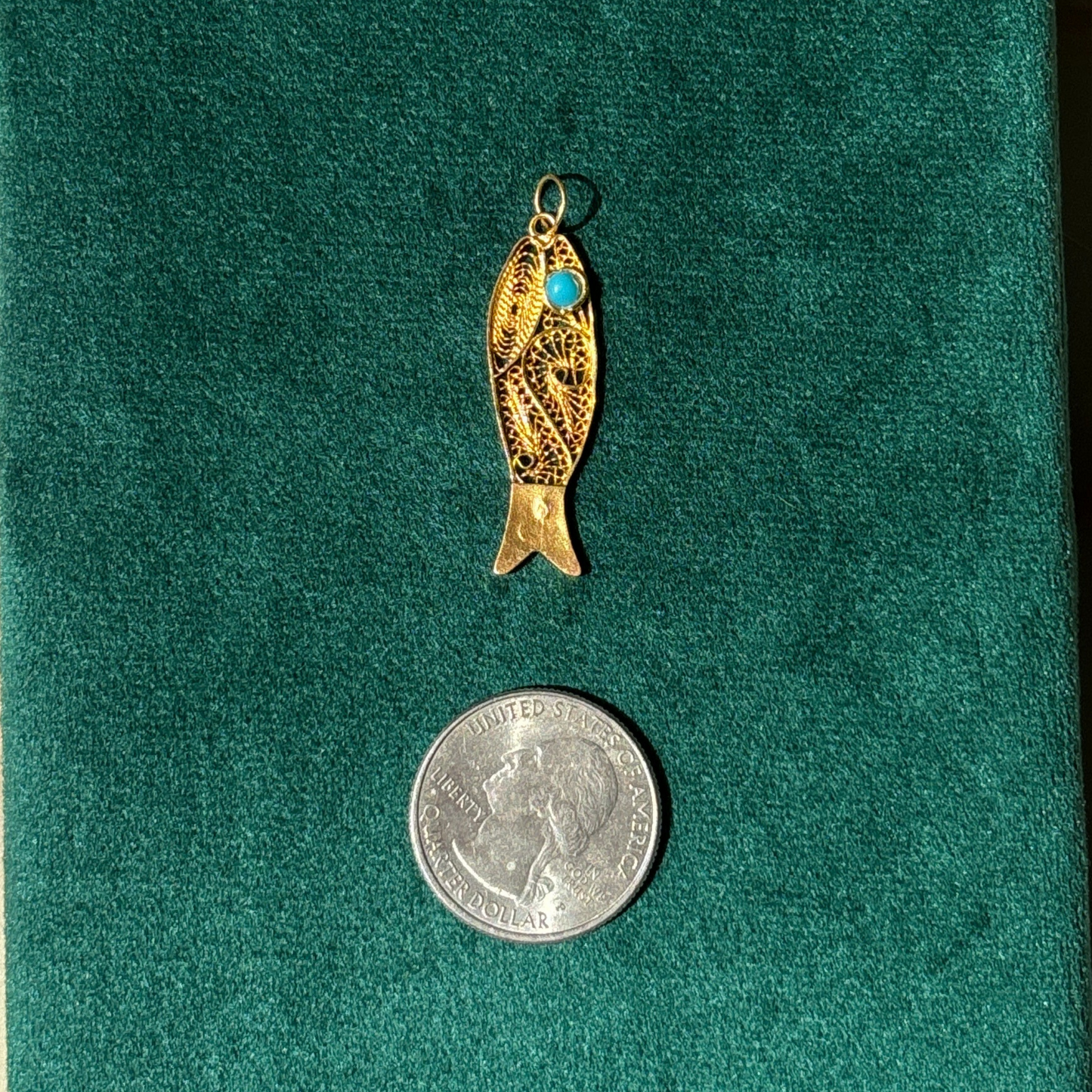 21k 70s filigree fish with synthetic turquoise eye charm