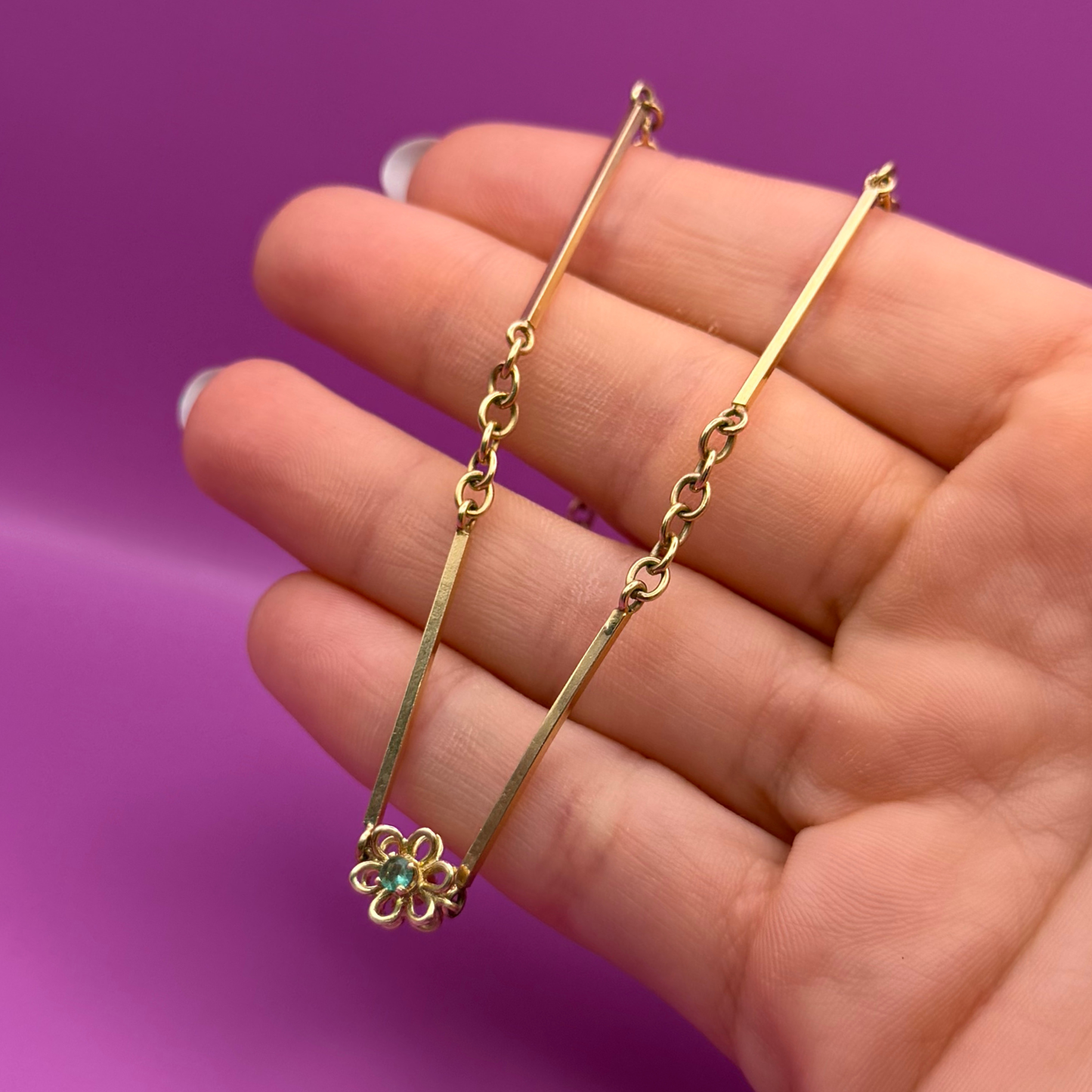14k flower bar link station choker chain with emeralds 15.75"