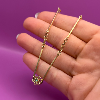 14k flower bar link station choker chain with emeralds 15.75"