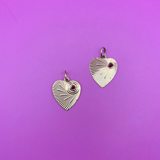 14k engine turned heart with ruby in a circle spiral charm