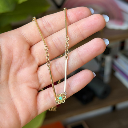 14k flower bar link station choker chain with emeralds 15.75"
