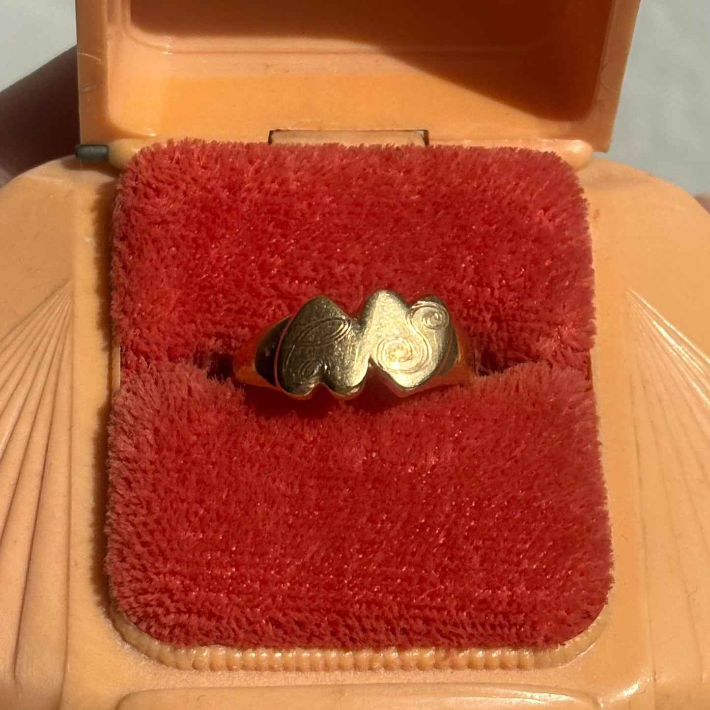 14k double heart CS engraved ring