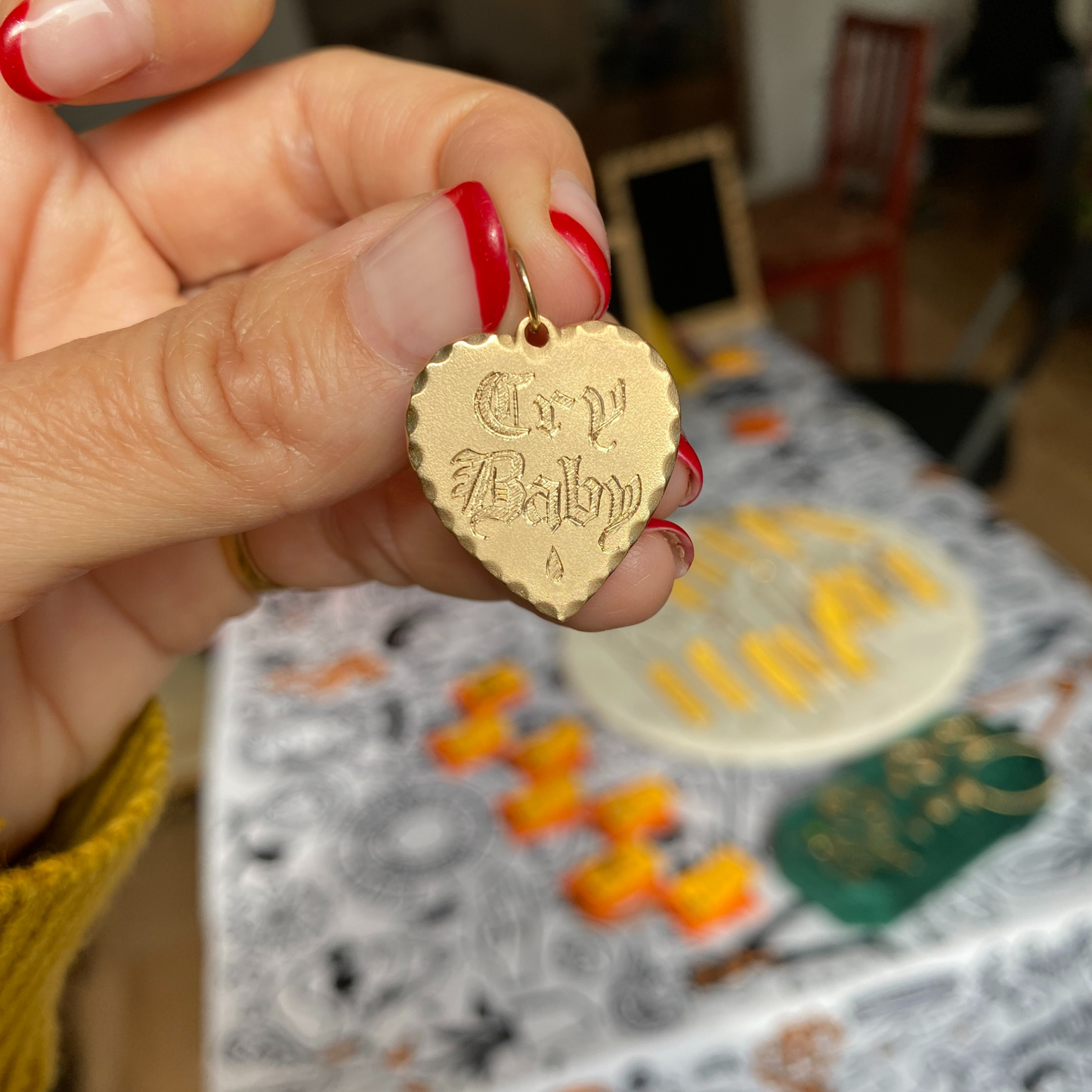 cry baby old english hand engraved heart pendant