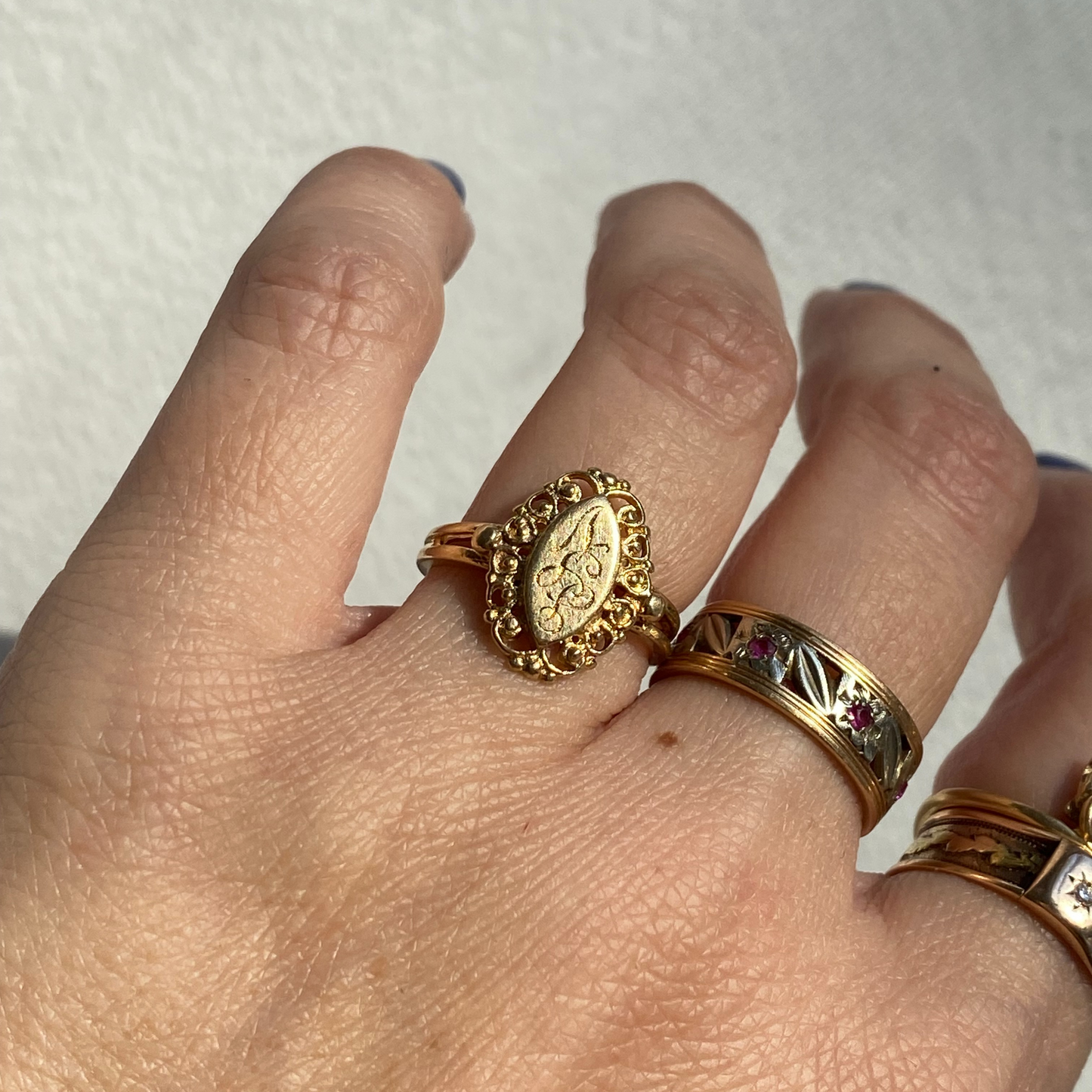 14k marquise signet JIV initials