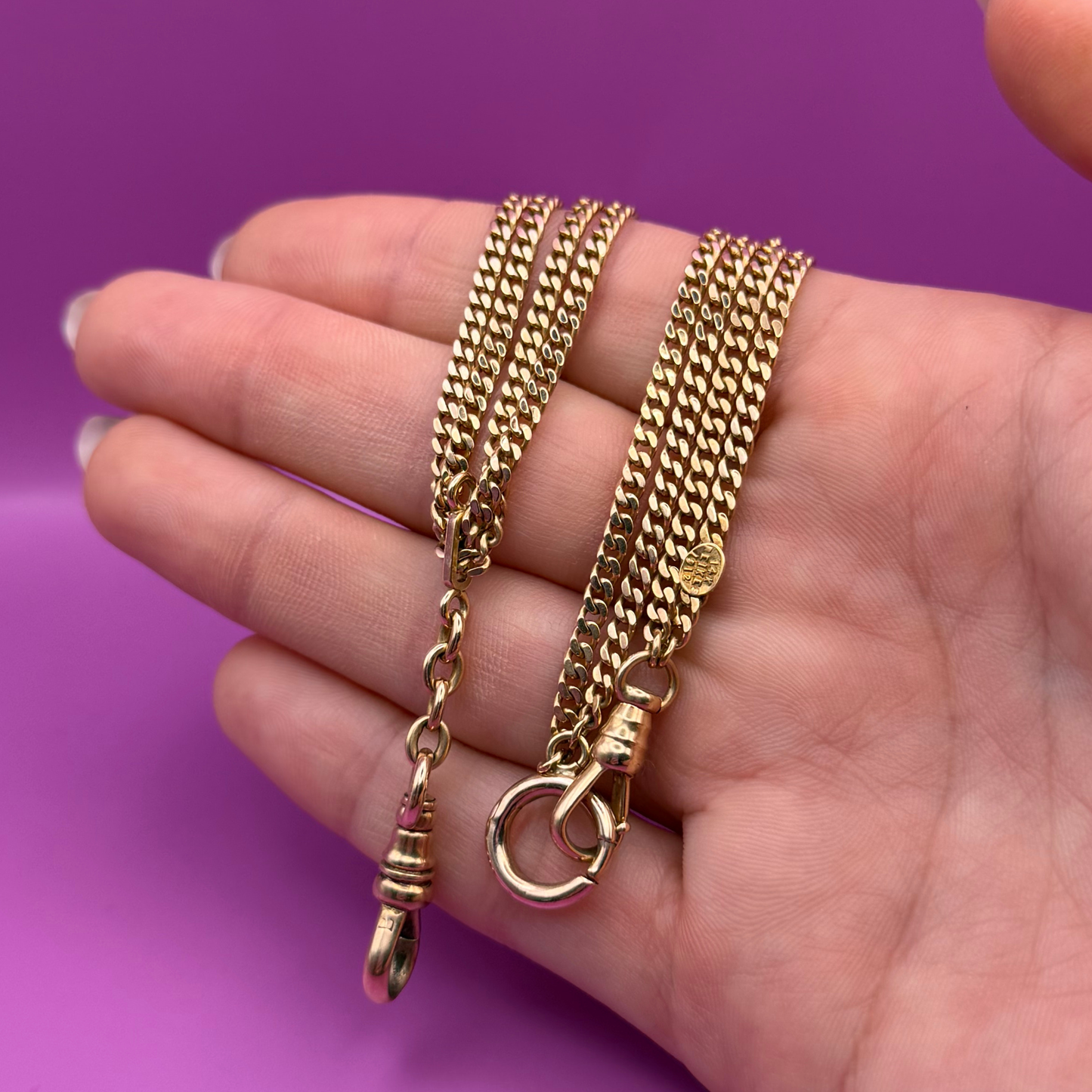 14k antique double strand watch chain with lariat with 10k dog clip 15.75"