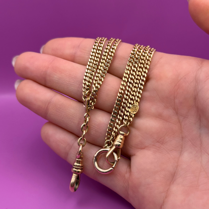 14k antique double strand watch chain with lariat with 10k dog clip 15.75"