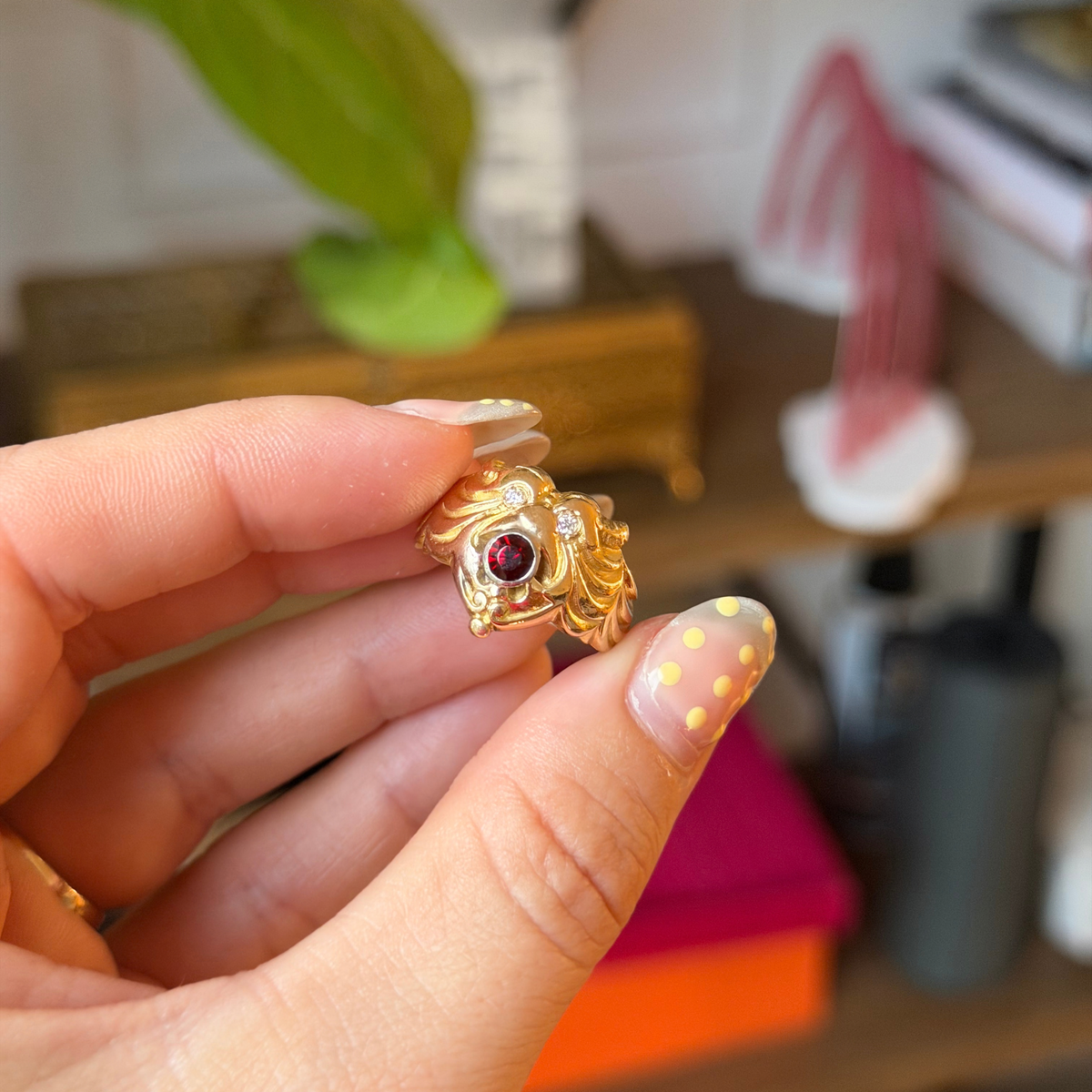 14k lion beast ring with garnet & diamonds