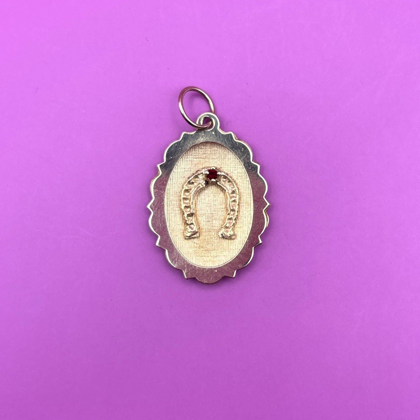 14k horseshoe in a frame with ruby charm