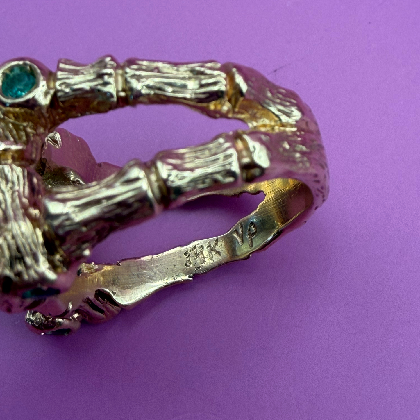 14k bamboo ring with green tourmaline and emeralds