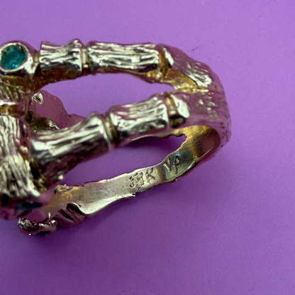 14k bamboo ring with green tourmaline and emeralds