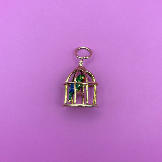 9k bird cage with enamel parrot charm