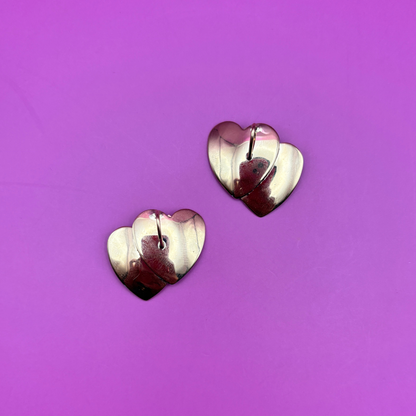 14k double engine turned hearts clip on earrings conversion charm