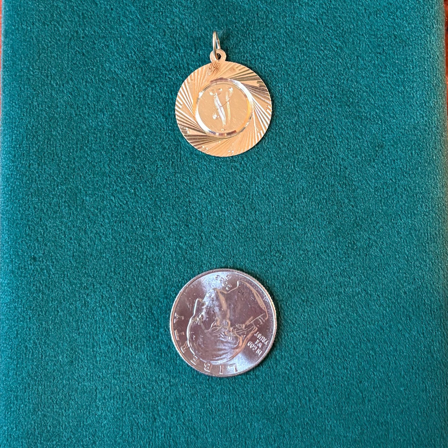 14k engine turned letter V disk charm