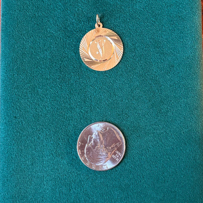 14k engine turned letter V disk charm