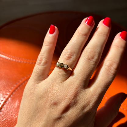 14k belcher with yellow sapphire & 2 pearls ring