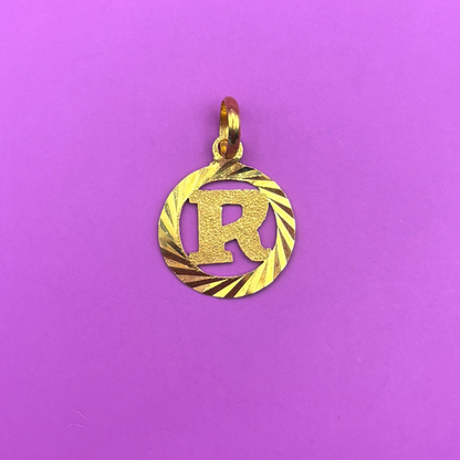 22k letter R in engine turned circle charm