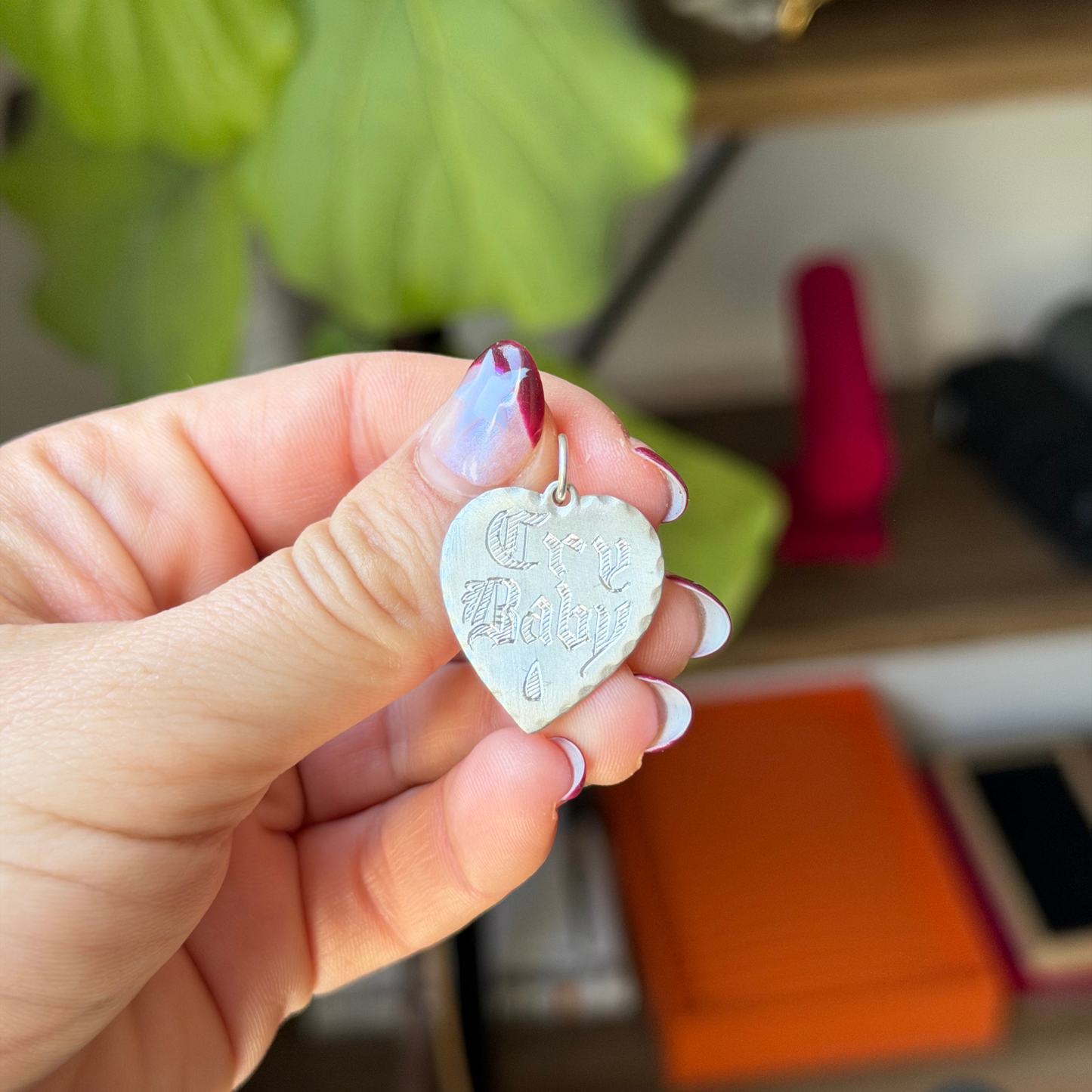925 cry baby old english hand engraved heart pendant