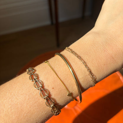 14k fancy mid century link bracelet with safety chain 7 3/8"