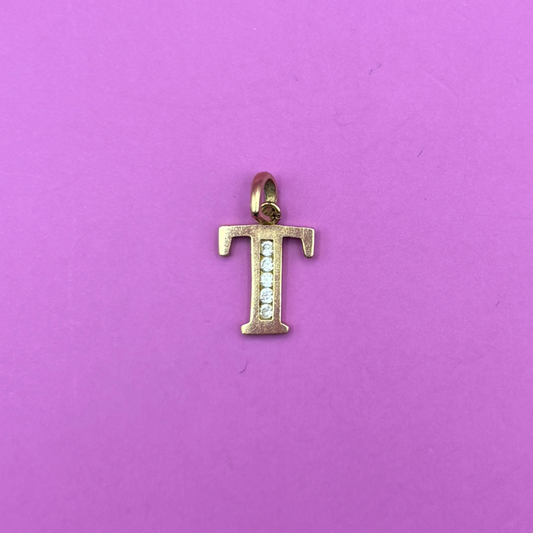 10k letter T with gems charm