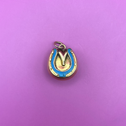 9k horseshoe with blue enamel locket