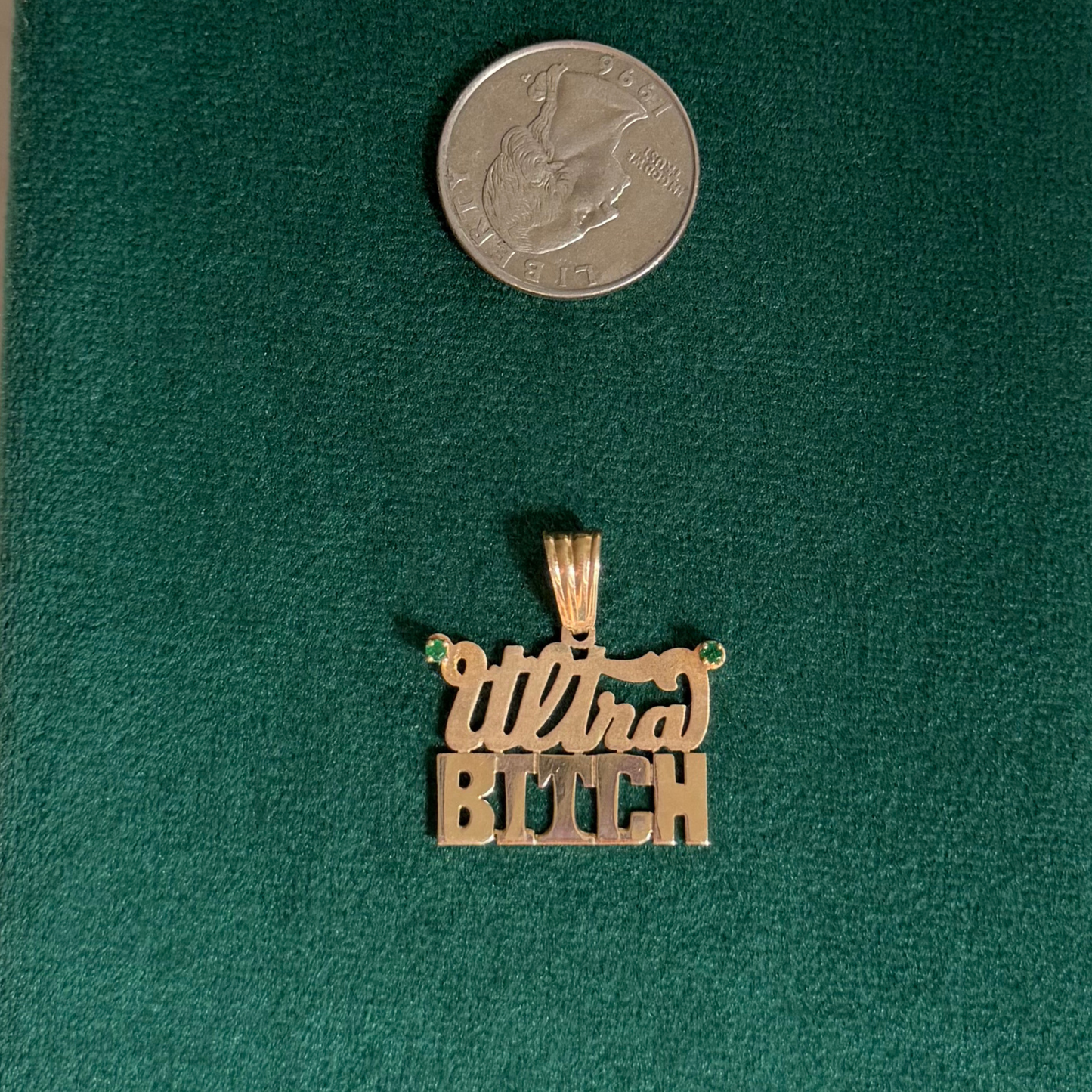 14k ultra bitch with emeralds charm