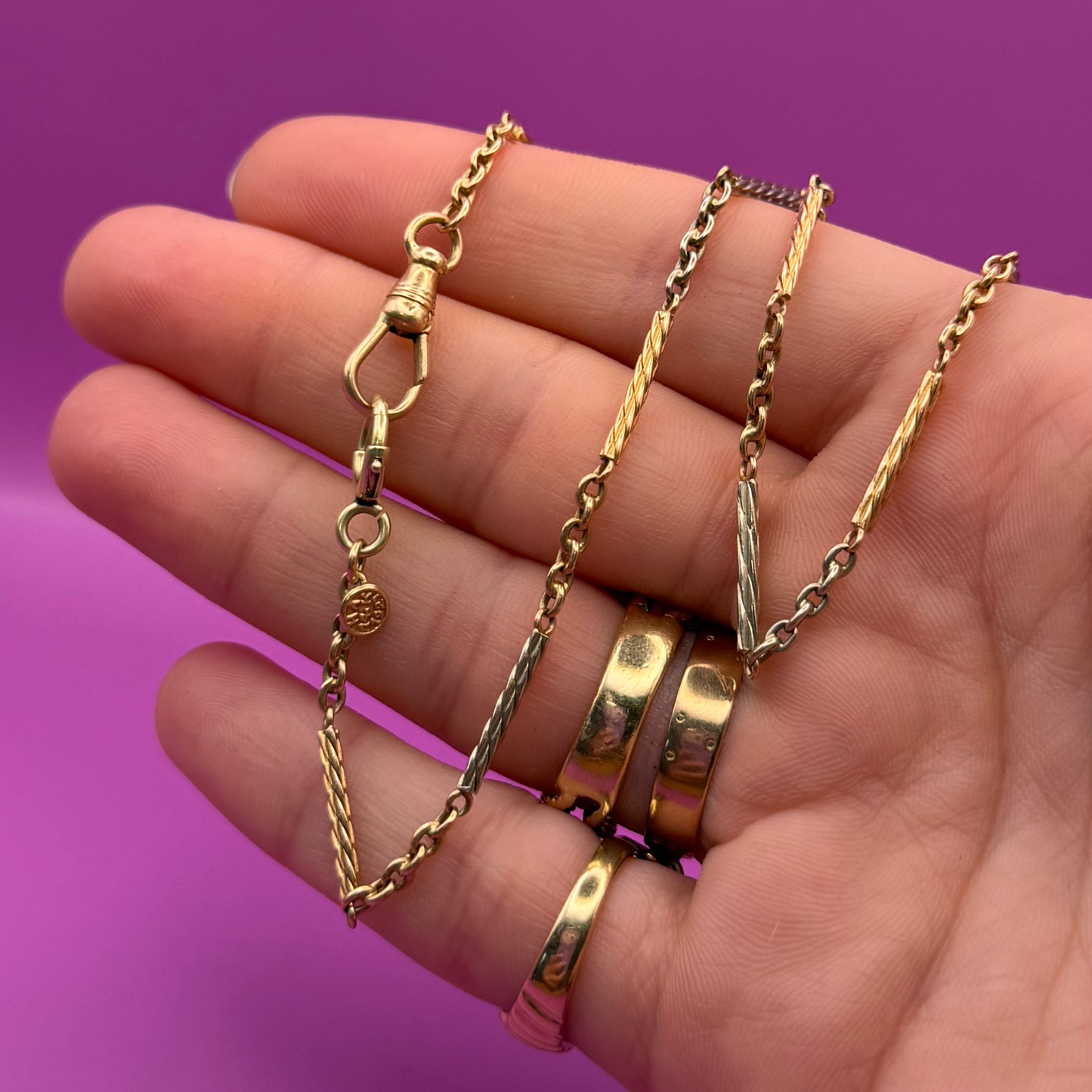 14k antique tri tone bar station watch chain 14.5"