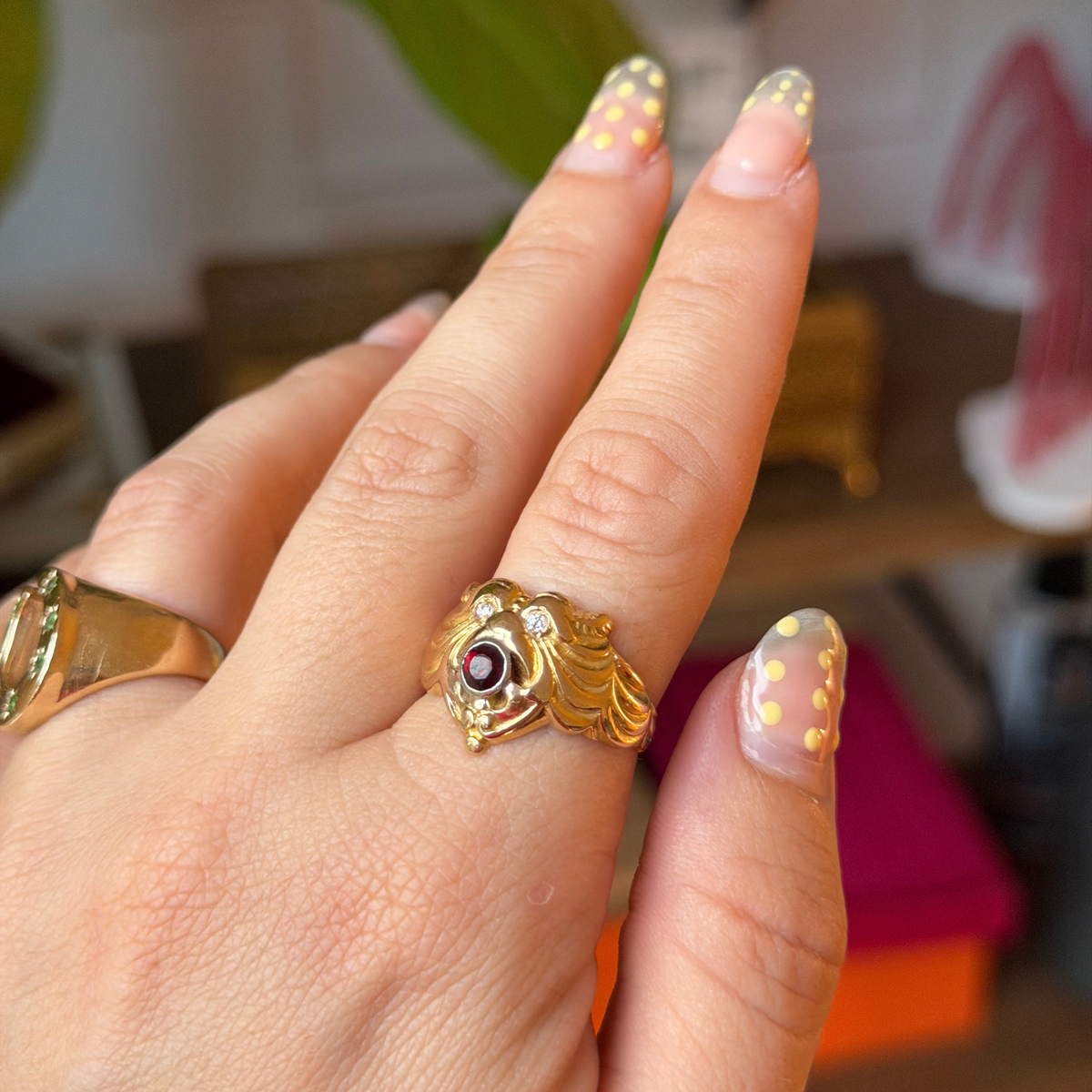 14k lion beast ring with garnet & diamonds