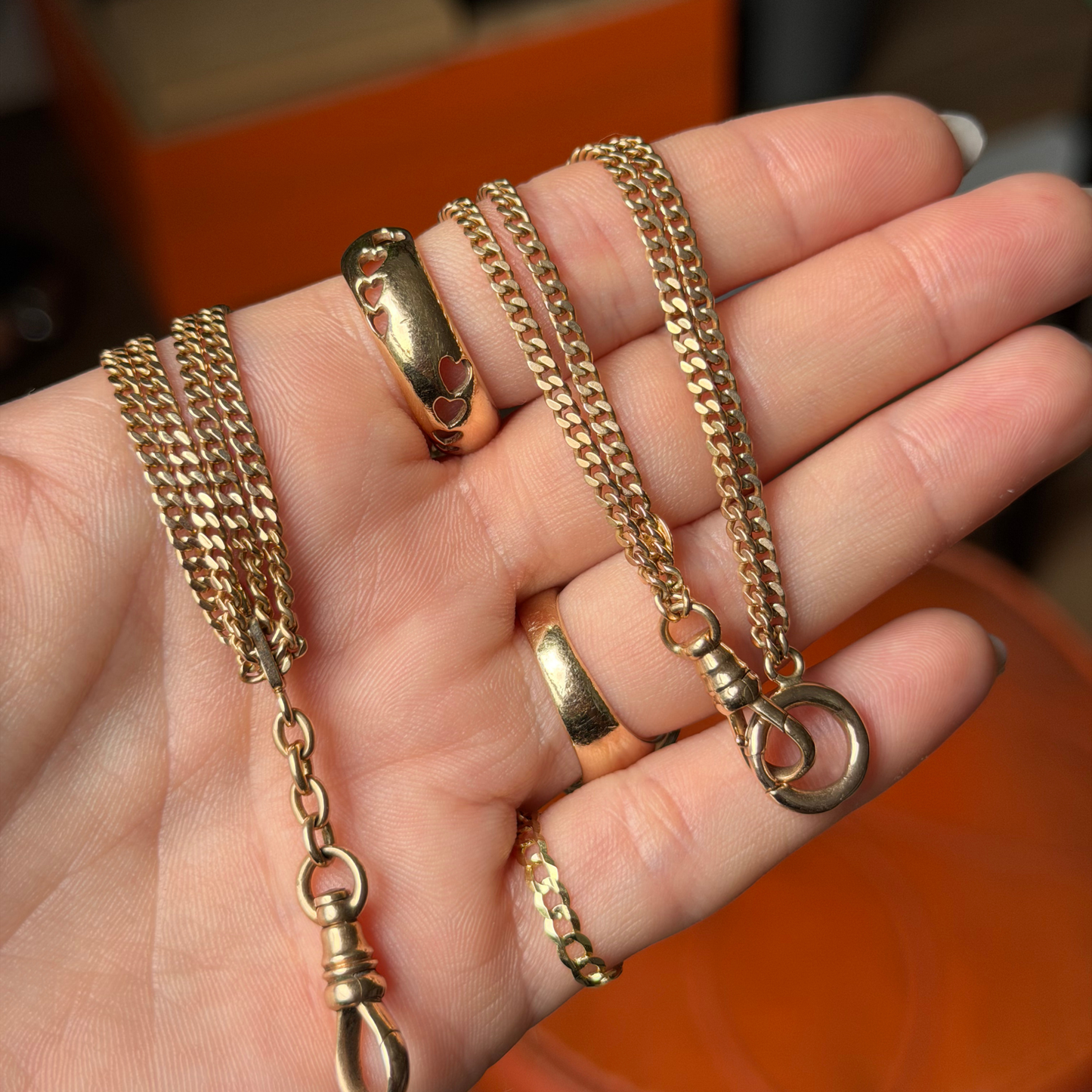14k antique double strand watch chain with lariat with 10k dog clip 15.75"