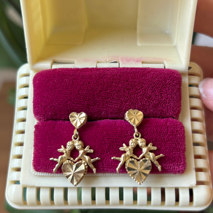 14k engine turned hearts & cupids earrings