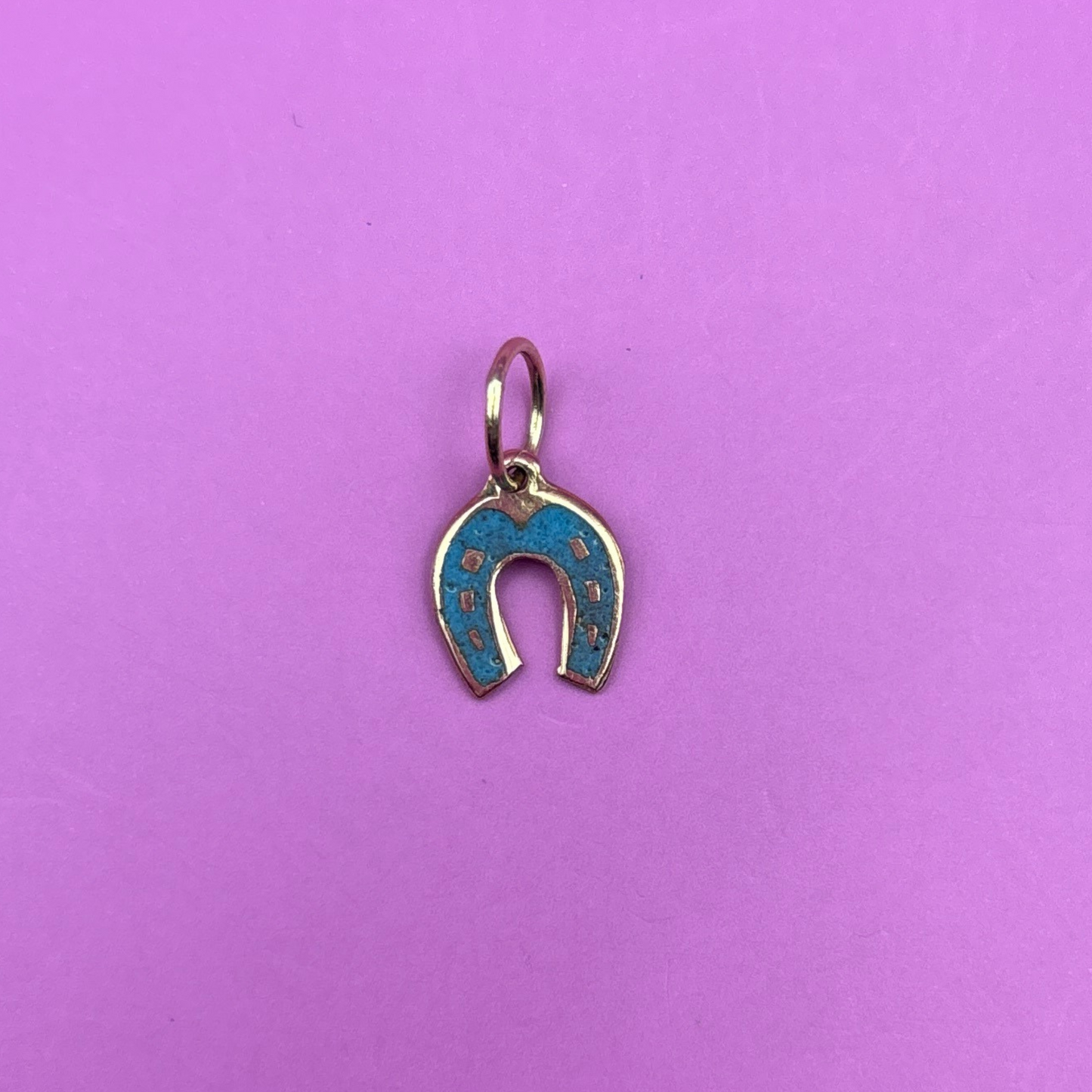 14k horseshoe with blue enamel charm