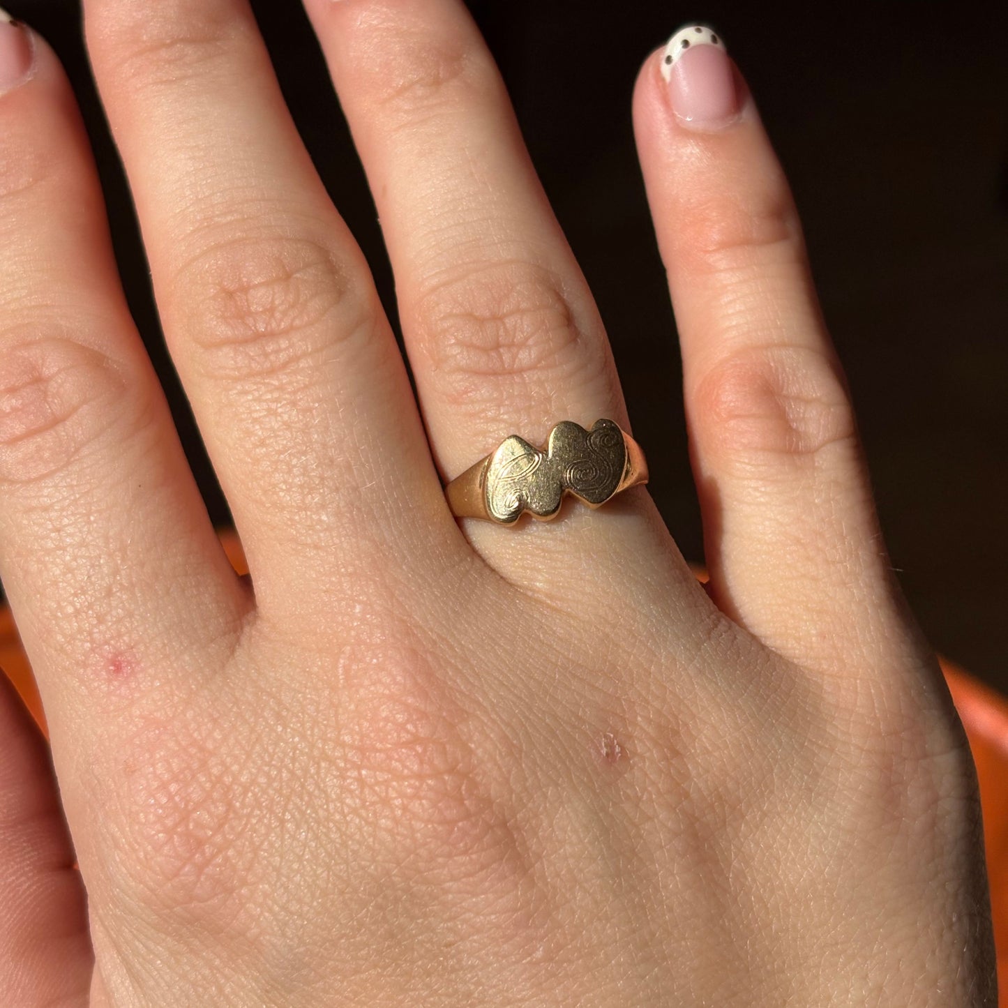 14k double heart CS engraved ring
