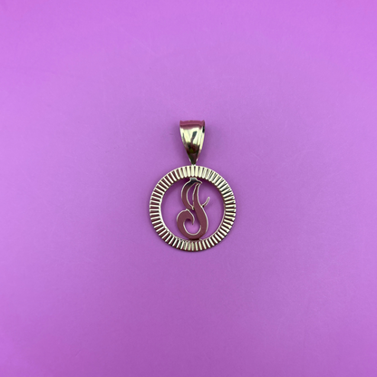 14k letter J in engine turned circle charm