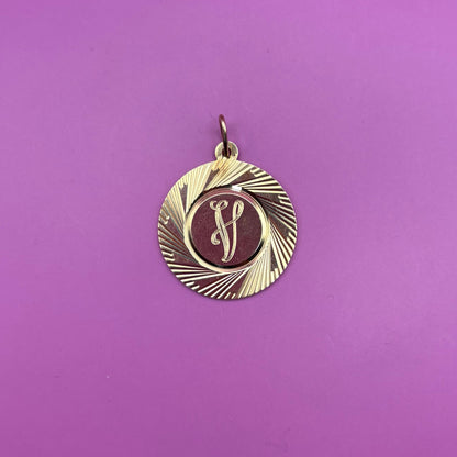 14k engine turned letter V disk charm