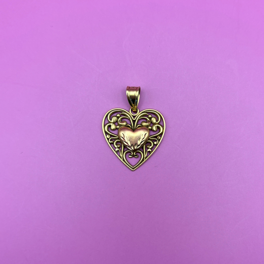 14k ornate heart charm with rg centerpiece