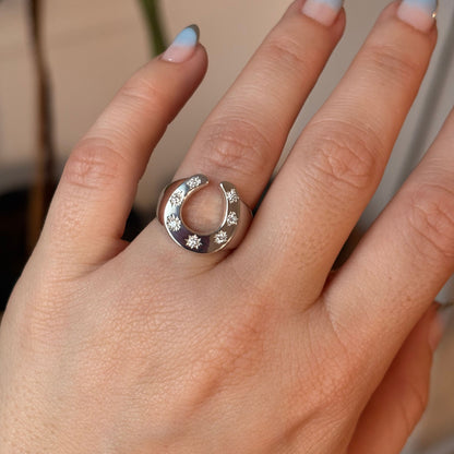silver 7 stars horseshoe ring with diamonds