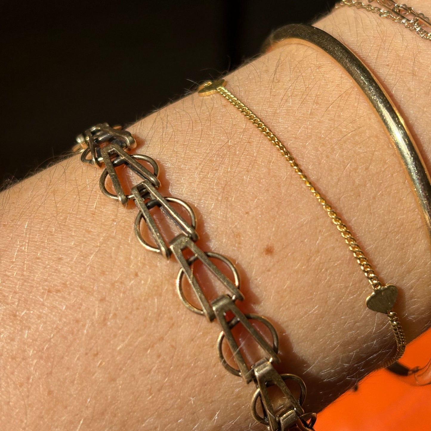 14k fancy mid century link bracelet with safety chain 7 3/8"