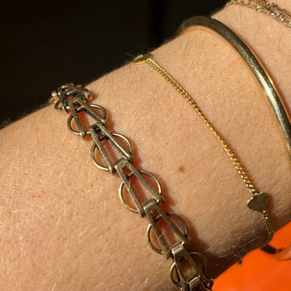 14k fancy mid century link bracelet with safety chain 7 3/8"