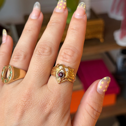 14k lion beast ring with garnet & diamonds