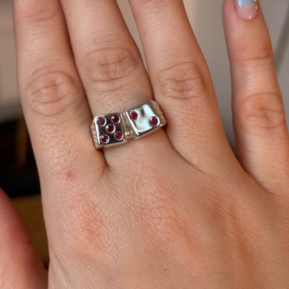 silver 7 dice ring with rubies
