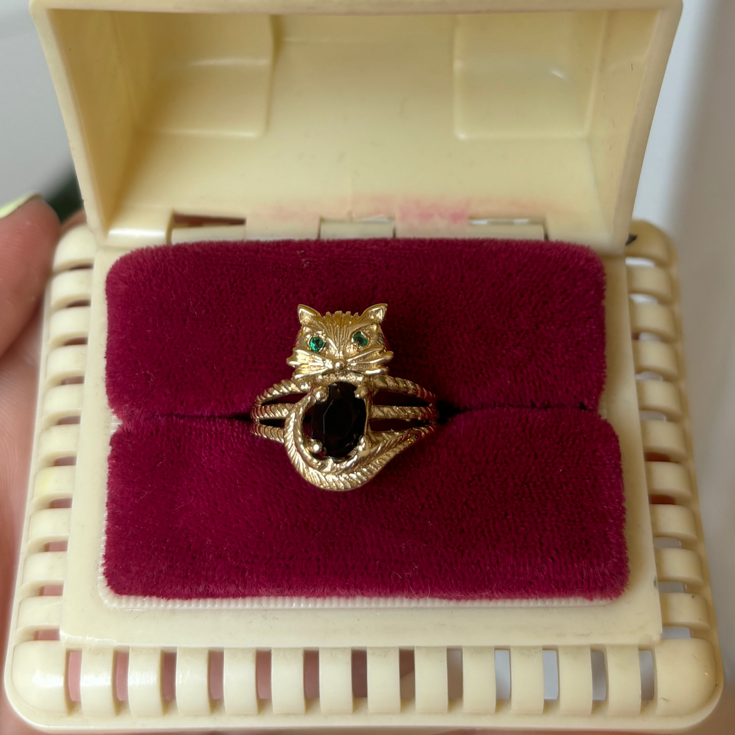 14k kitty with stone eyes & smoky topaz ring