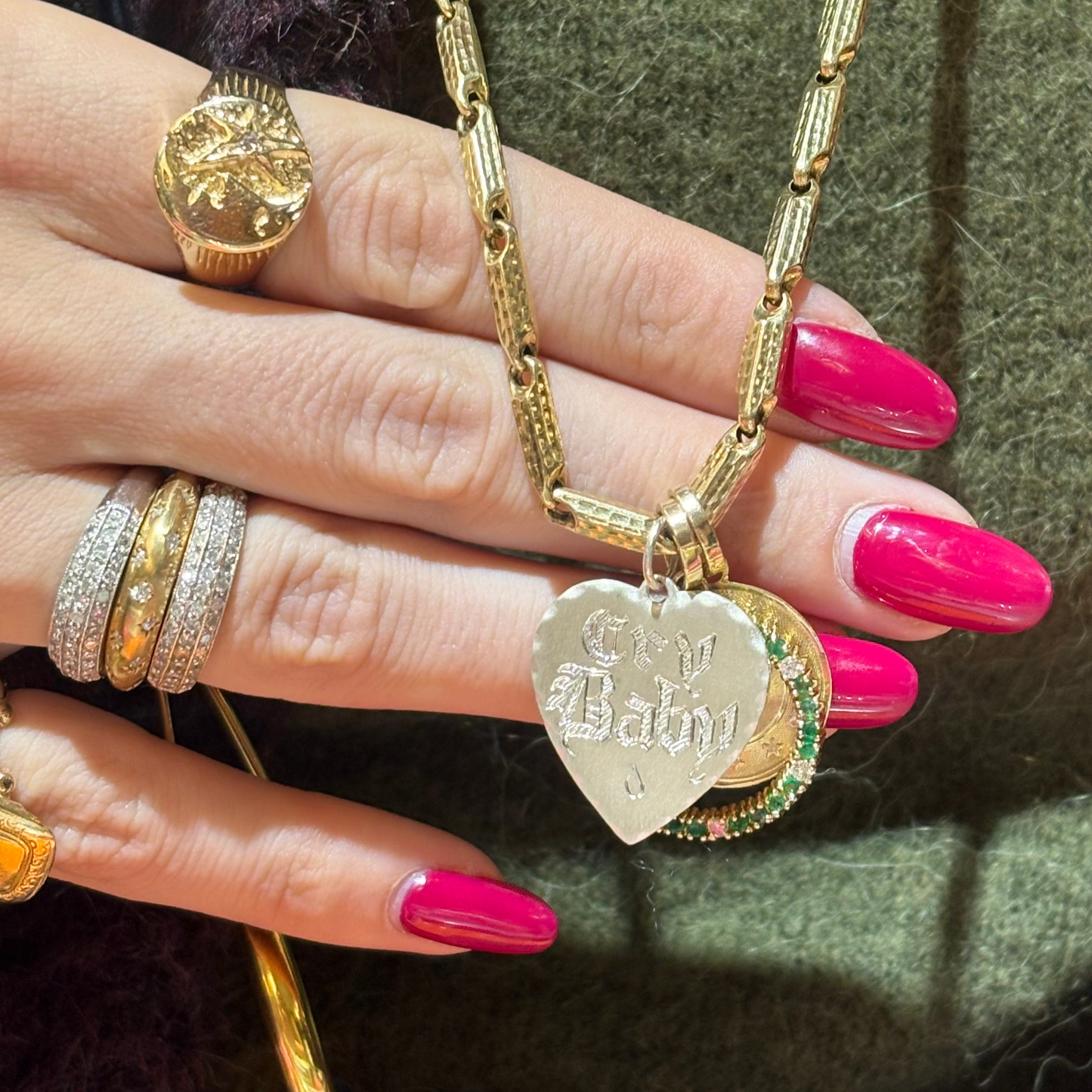 925 cry baby old english hand engraved heart pendant