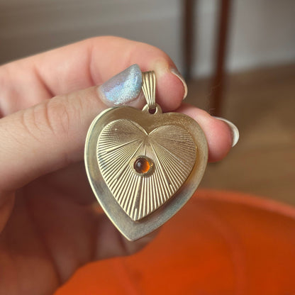 14k engine turned on flat heart with citrine cab pendant